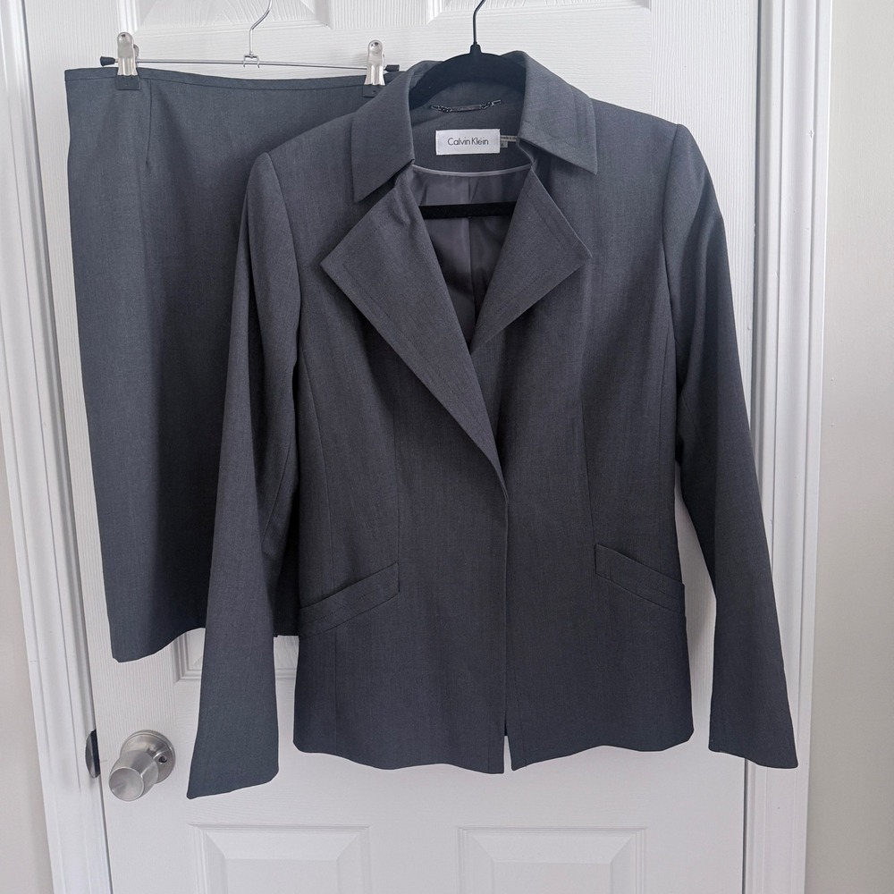Calvin Klein Skirt Suit Women 6 Gray Blazer Pencil Skirt 2 Piece Set Career